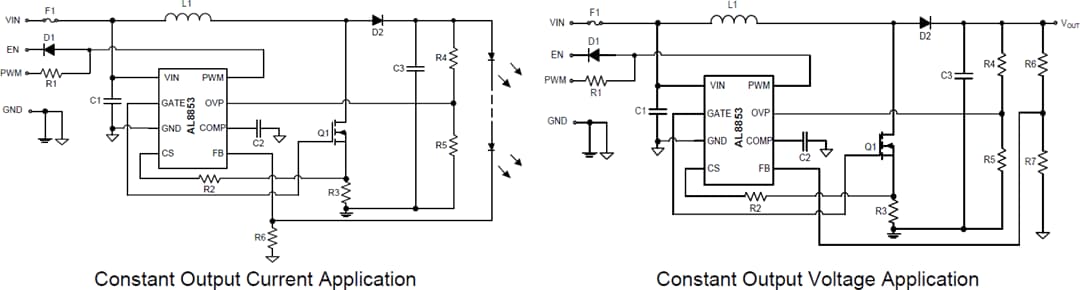 Applikations-Schaltungsdiagramm - Diodes Incorporated AL8853 Hochleistungs-LED-Boost Controller