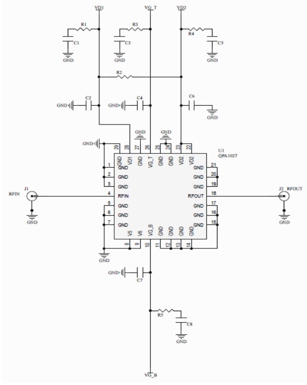 Applikations-Schaltungsdiagramm - Qorvo QPA1027 GaN-Leistungsverstärker