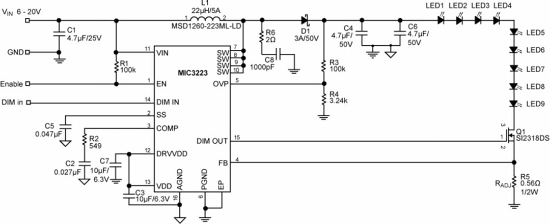 Applikations-Schaltungsdiagramm - Microchip Technology MIC3223 Hochleistungs-Aufwärts-LED-Treiber