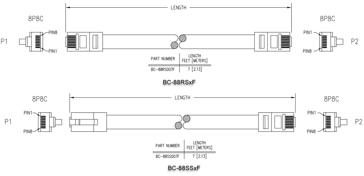 Technische Zeichnung - Stewart Connector / Cinch Connectivity Solutions BC-88 RJ45-Patchkabel