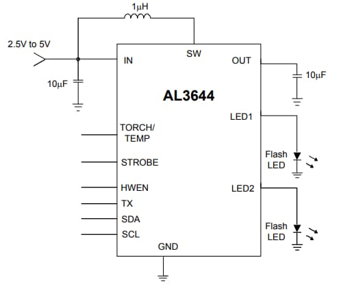 Applikations-Schaltungsdiagramm - Diodes Incorporated AL3644 Blitzlicht-LED-Treiber