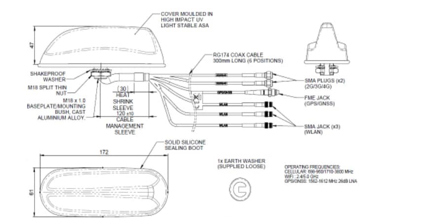 Technische Zeichnung - TE Connectivity Multifunktions-MIMO-Antennen