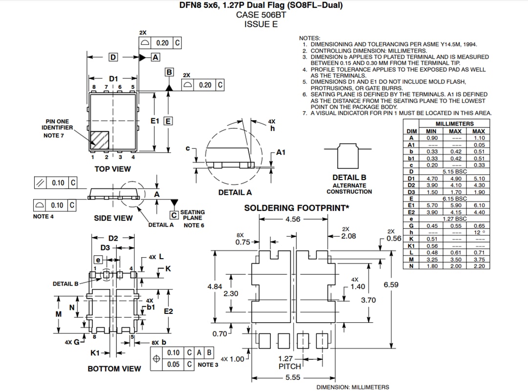 Technische Zeichnung - onsemi NVMFD6H852NL 25-A-Automotive-Leistungs-MOSFET mit 80 V