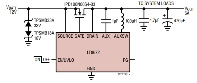 Applikations-Schaltungsdiagramm - Analog Devices Inc. LT8672 Aktive Gleichrichter-Controller