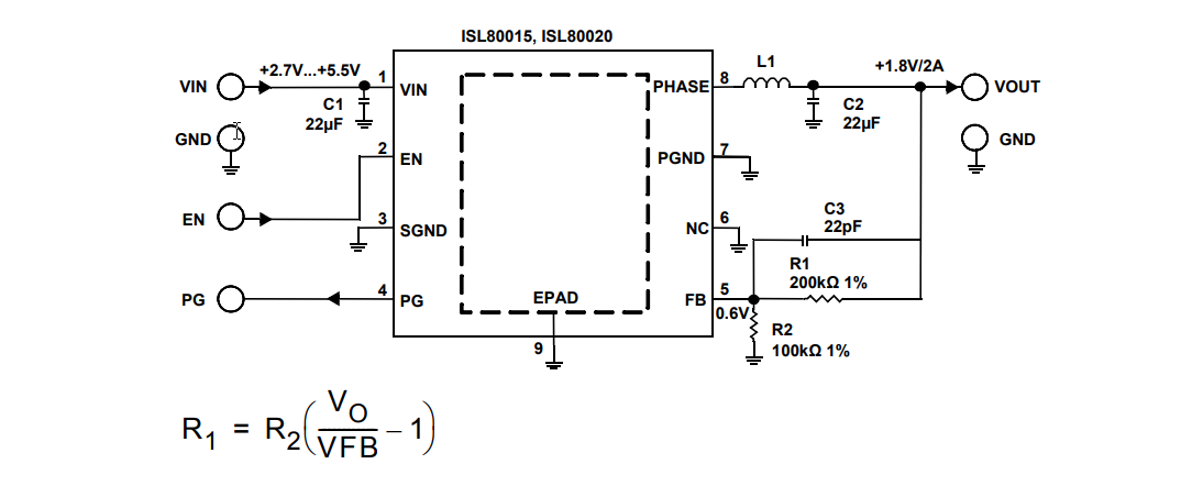 Applikations-Schaltungsdiagramm - Renesas Electronics ISL80020x/ISL80015x Kompakte Synchron-Abwärtswandler