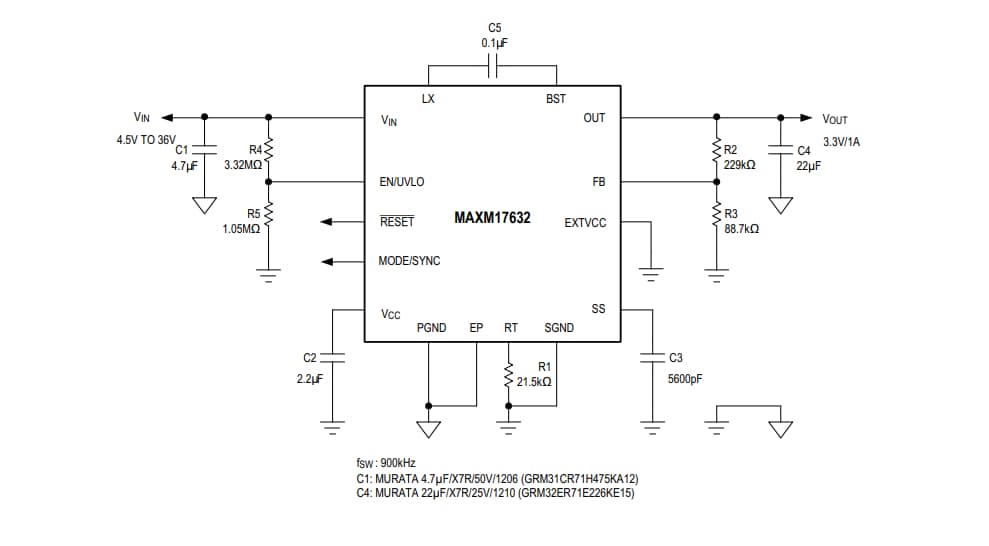Applikations-Schaltungsdiagramm - Analog Devices Inc. MAXM17630, MAXM17631 und MAXM17632 Leistungsmodule