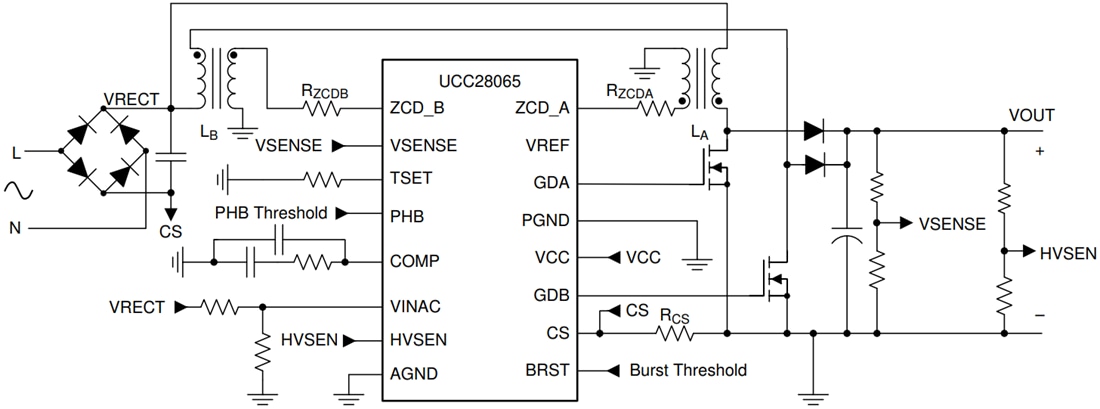 Applikations-Schaltungsdiagramm - Texas Instruments UCC28065 PFC-Controller mit Übergangsmodus