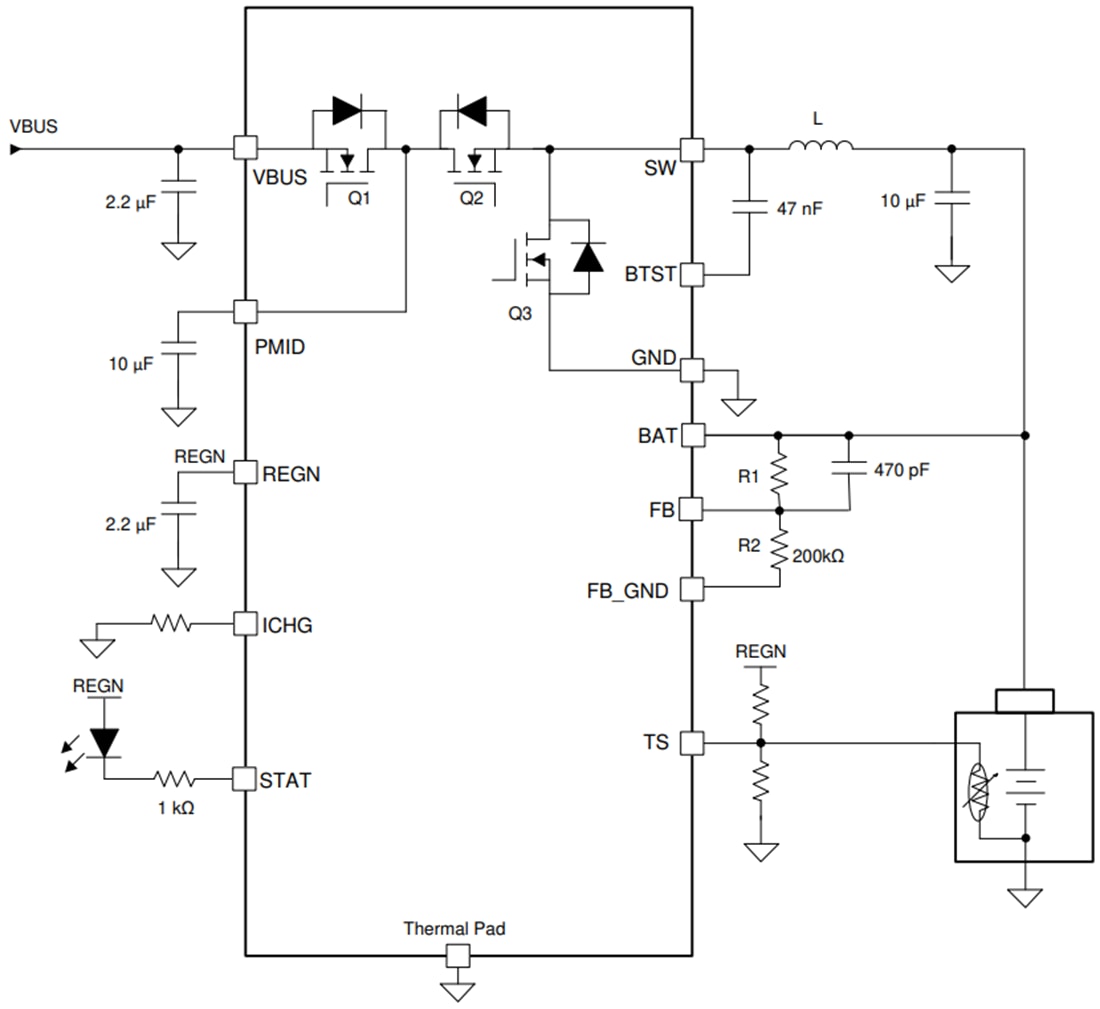 Applikations-Schaltungsdiagramm - Texas Instruments bq25306 Ein- bis Zweizellen-Abwärtswandler-Ladegerät
