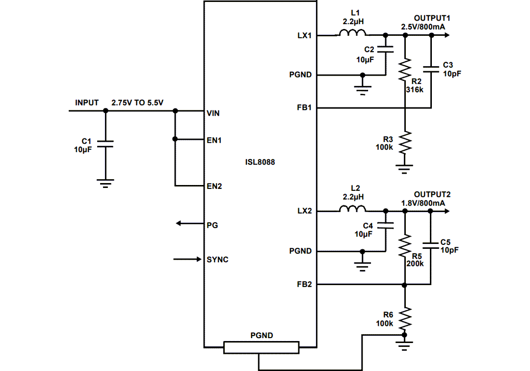 Applikations-Schaltungsdiagramm - Renesas Electronics ISL8088 Synchroner Abwärtsregler