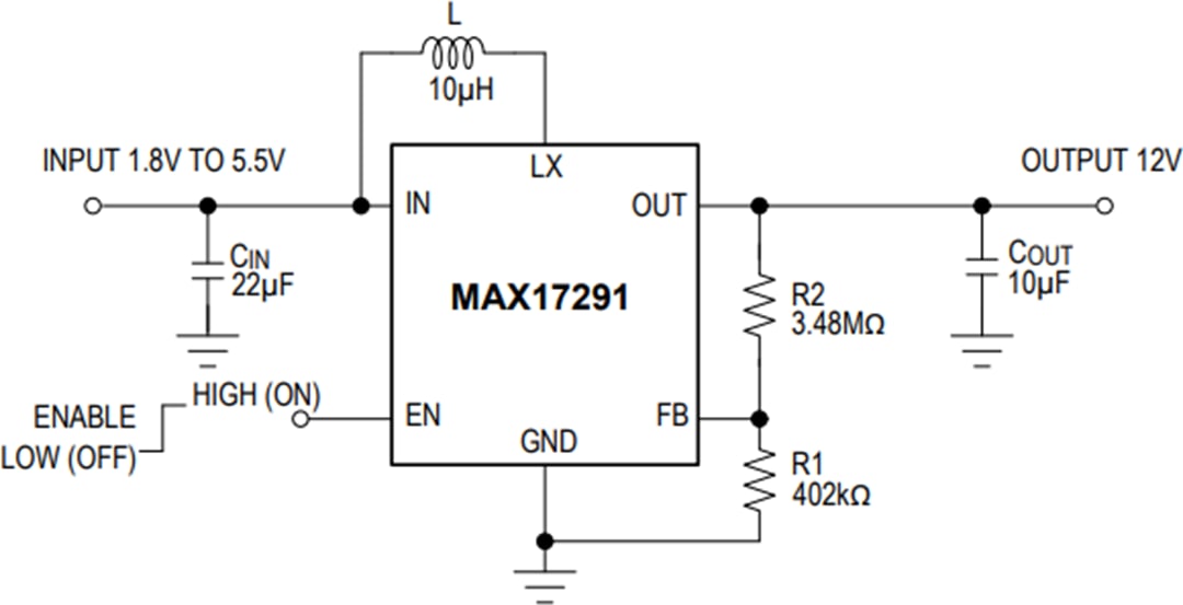 Applikations-Schaltungsdiagramm - Analog Devices Inc. MAX17291A Micropower-Aufwärtswandler