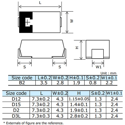 Technische Zeichnung - Panasonic Electronic Components POSCAP™ TQC Polymer-Tantal-Festkondensatoren