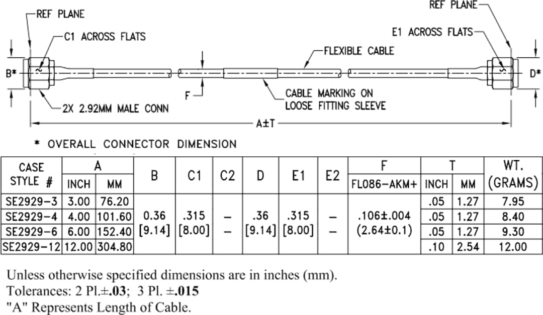 Mechanical Drawing - Mini-Circuits FL086 Series Flexible Coaxial Cables
