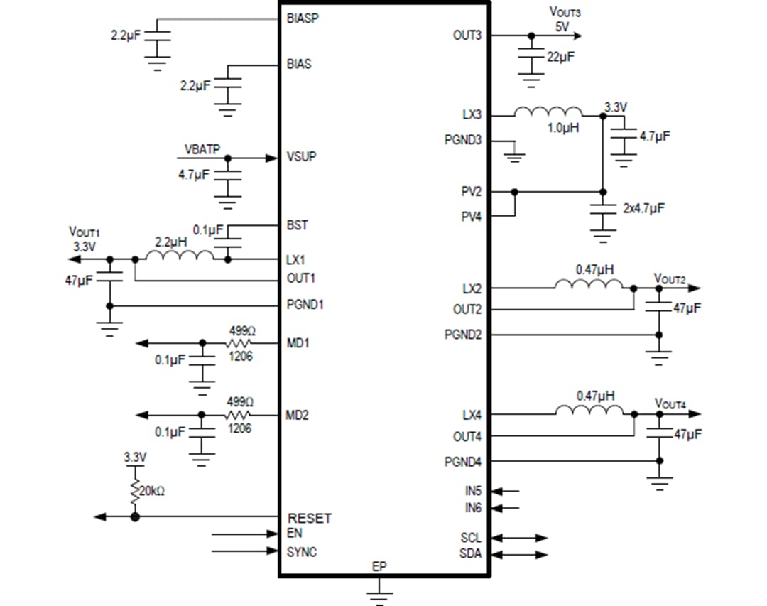Applikations-Schaltungsdiagramm - Analog Devices Inc. MAX20430 Mini-PMICs mit vier Ausgängen