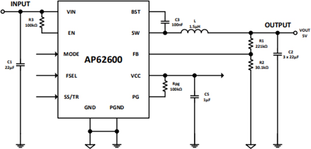 Applikations-Schaltungsdiagramm - Diodes Incorporated AP62600 Synchroner Abwärtswandler