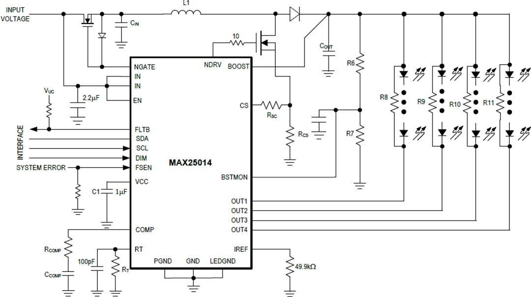 Applikations-Schaltungsdiagramm - Analog Devices Inc. MAX25014 Automotive-Vierkanal-Hintergrundbeleuchtungstreiber