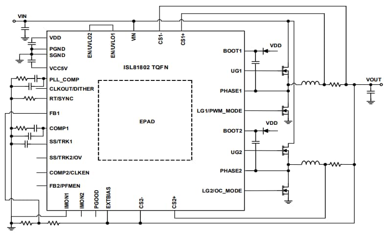 Applikations-Schaltungsdiagramm - Renesas Electronics ISL81802 Synchrone Dual-Abwärtswandler