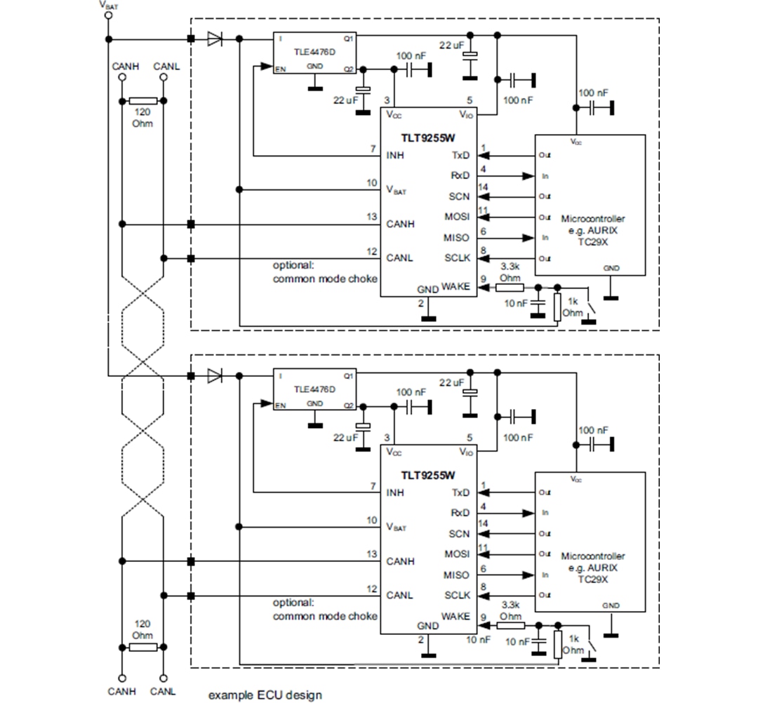 Applikations-Schaltungsdiagramm - Infineon Technologies TLT9255WLC Hochgeschwindigkeits-CAN-FD-Transceiver