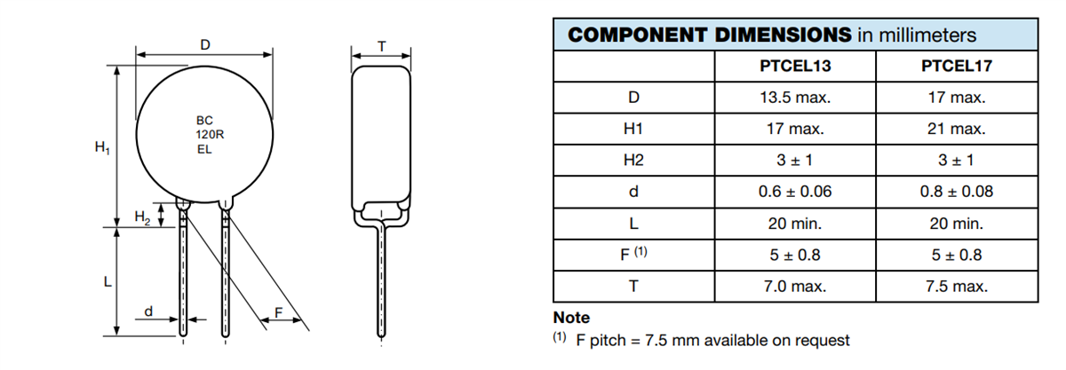Technische Zeichnung - Vishay / BC Components PTCEL Einschaltstrom-begrenzende PTC-Thermistoren