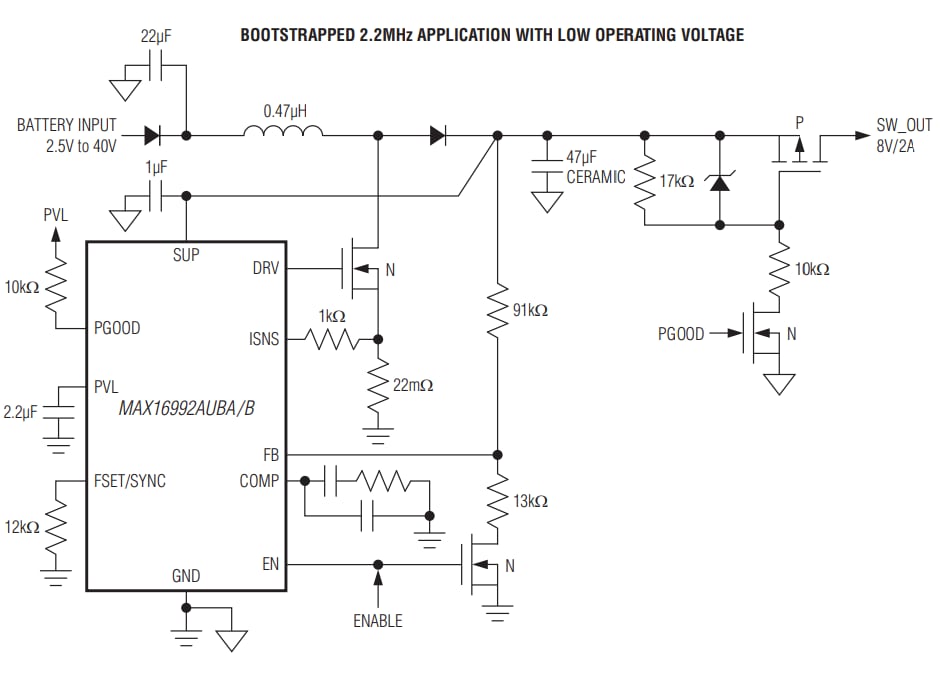 Applikations-Schaltungsdiagramm - Analog Devices Inc. MAX16990/MAX16992 Strommodus-PWM-Controller