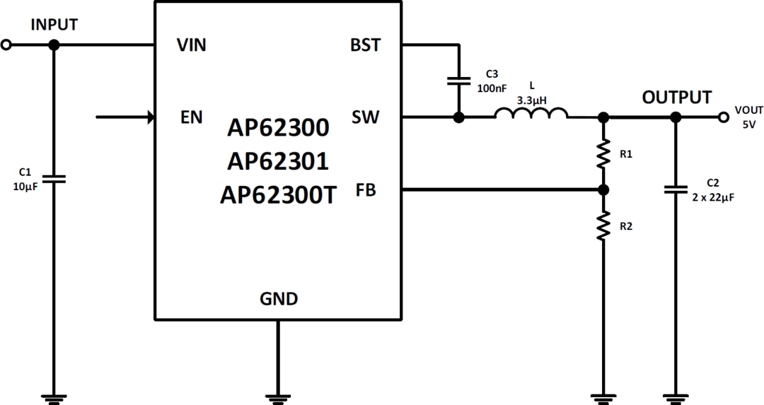 Applikations-Schaltungsdiagramm - Diodes Incorporated AP62300/1 und AP62300T Synchrone Abwärtswandler
