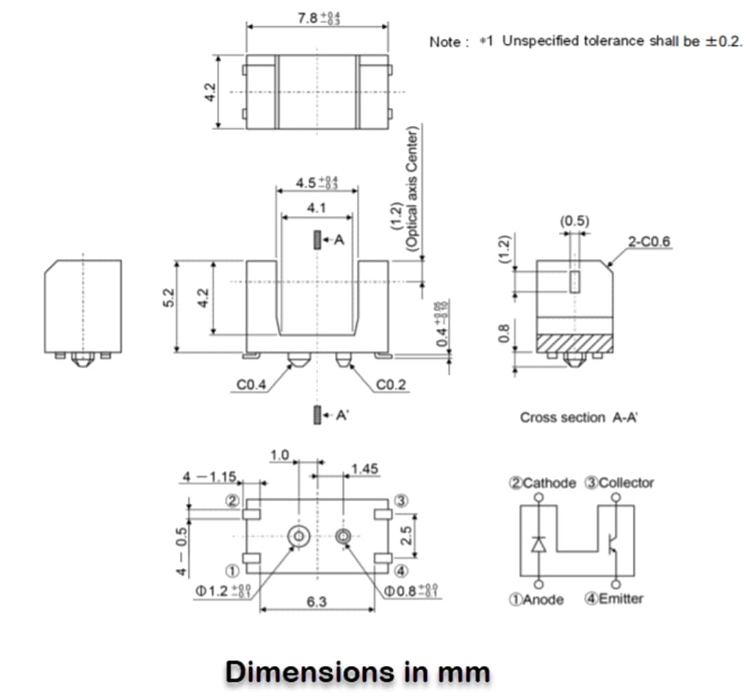 Technische Zeichnung - ROHM Semiconductor RPI-0451E Optischer Sensor