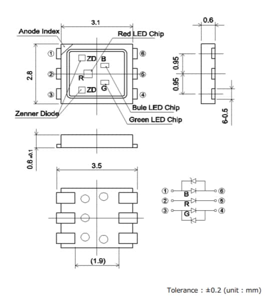 Technische Zeichnung - ROHM Semiconductor SMLVN6RGB7W1 Dreifarben-LED