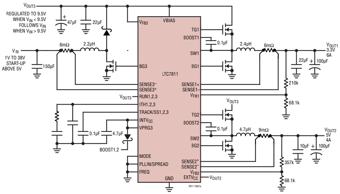 Applikations-Schaltungsdiagramm - Analog Devices Inc. LTC7811 Buck/Buck/Boost Controller mit Dreifach-Ausgang