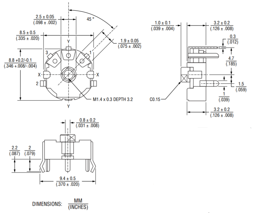 Technische Zeichnung - Bourns PDB08 Mikro-Drehpotentiometer