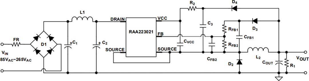 Applikations-Schaltungsdiagramm - Renesas Electronics RAA223021 Nicht-isolierter AC/DC-Abwärtsregler mit 700 V 