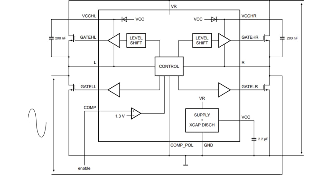 Applikations-Schaltungsdiagramm - NXP Semiconductors TEA2209T Aktiver Brückengleichrichter-Controller