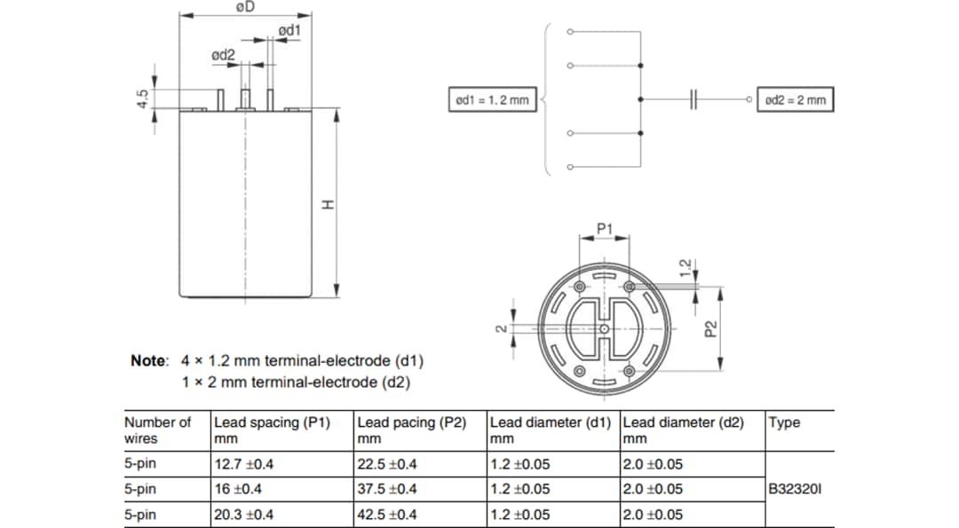 Technische Zeichnung - EPCOS / TDK B32320I Zylindrische DC-Link-Folienkondensatoren