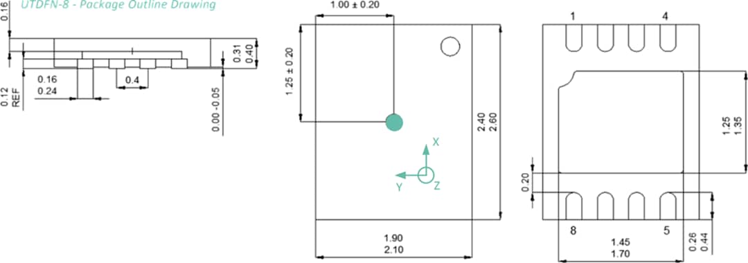 Technische Zeichnung - Melexis MLX90392 Triaxis® Micropower-Magnetometer