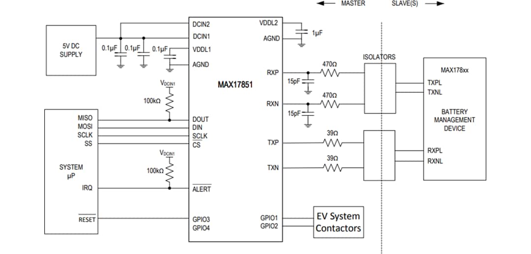 Applikations-Schaltungsdiagramm - Analog Devices / Maxim Integrated MAX17851 SPI-zu-UART-Sicherheitsüberwachungsbrücke