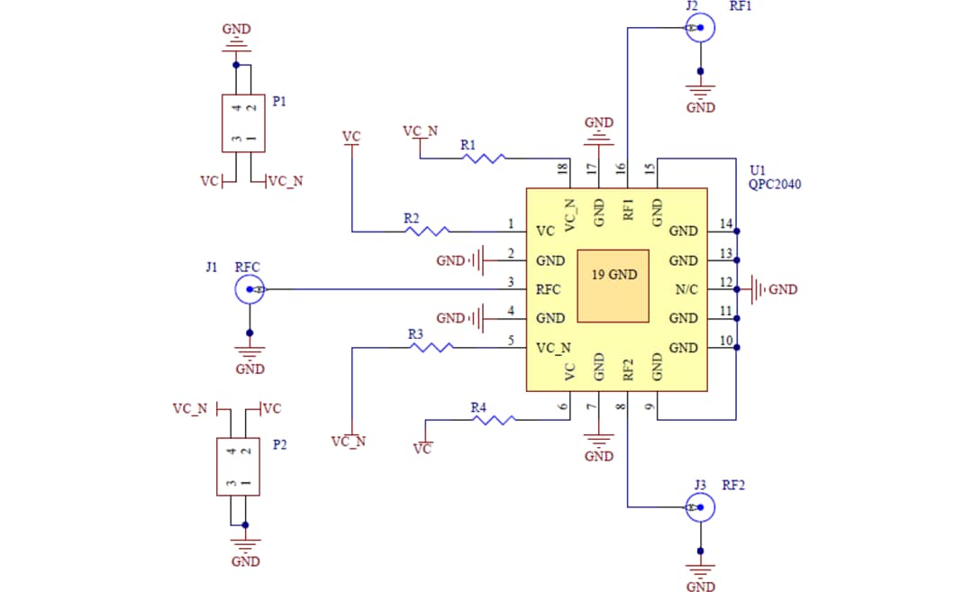 Applikations-Schaltungsdiagramm - Qorvo QPC2040 X-Band-GaN-SPDT-Schalter von 10 W