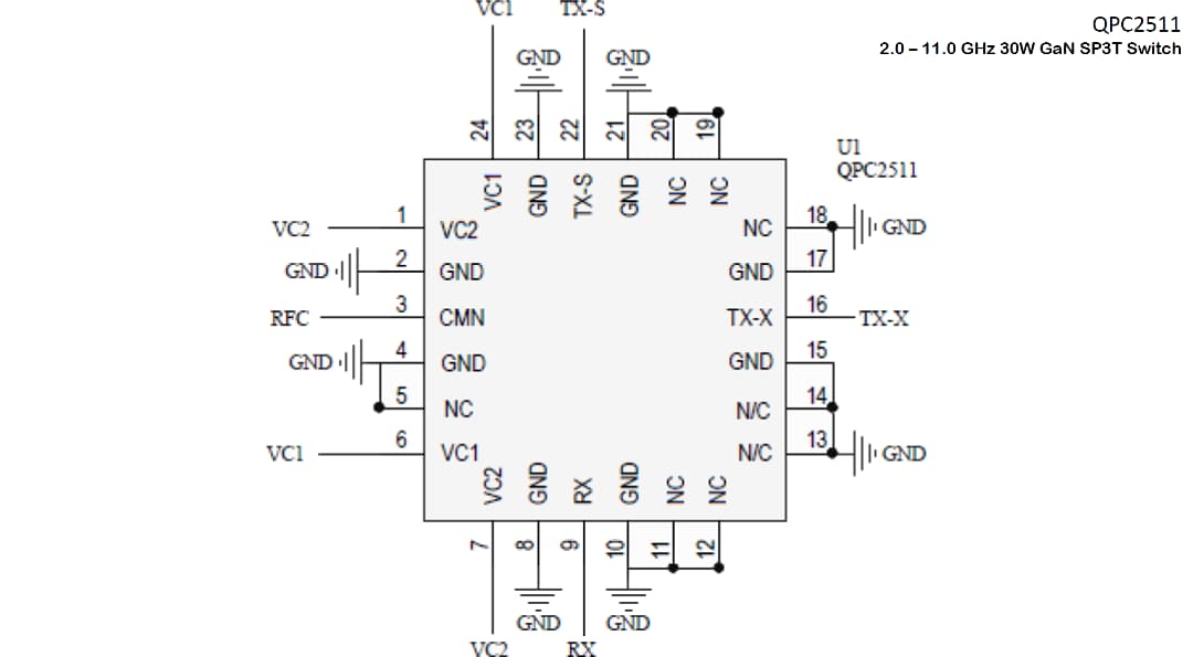 Applikations-Schaltungsdiagramm - Qorvo QPC2511 30-W-GaN-SP3T-Schalter