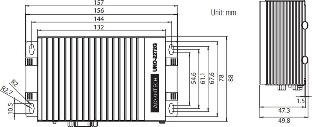 Technische Zeichnung - Advantech UNO-2272G Handflächengroßer Automatisierungs-Computer