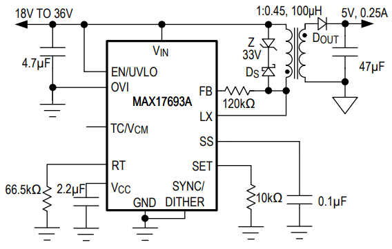 Analog Devices / Maxim Integrated MAX17693 Isolierte Sperrwandler ohne Optokoppler