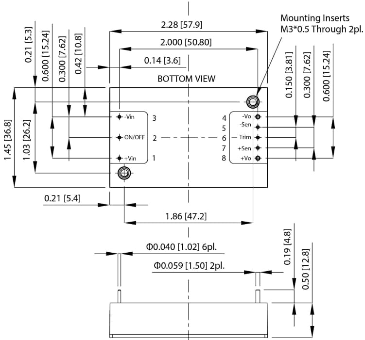Technische Zeichnung - CUI Inc  PVQ100W-D Isolierte DC/DC-Wandler 