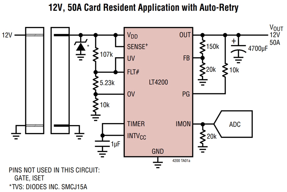 Applikations-Schaltungsdiagramm - Analog Devices Inc. LT4200 50 A Hot-Swap E-Sicherung