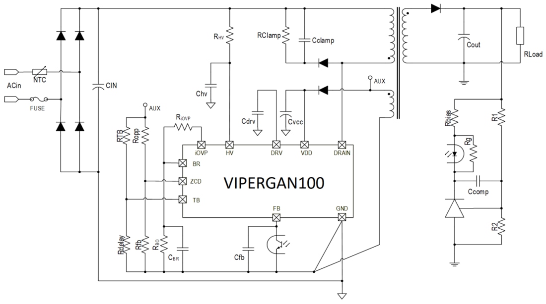 Applikations-Schaltungsdiagramm - STMicroelectronics VIPerGaN100 Offline-Hochspannungswandler