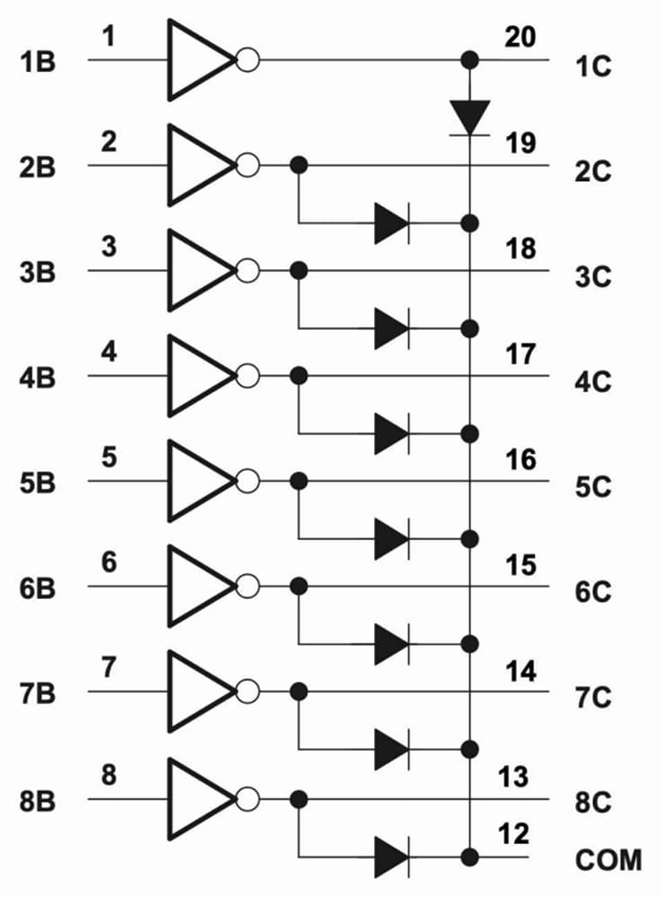 Blockdiagramm - Texas Instruments ULN2803C 50-V-Achtkanal-Darlington-Array mit 500 mA
