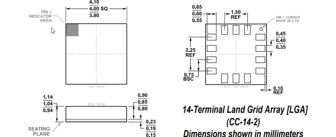 Technische Zeichnung - Analog Devices Inc. ADXL359 Strom sparender 3-Achsen-MEMS-Beschleunigungsmesser