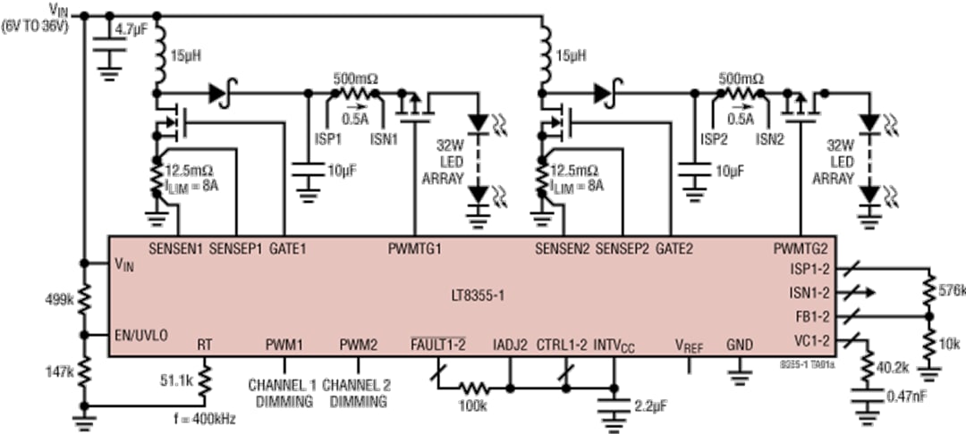 Applikations-Schaltungsdiagramm - Analog Devices Inc. LT8355-1 Dualer LED-controller mit skalierbarer Abdunklung