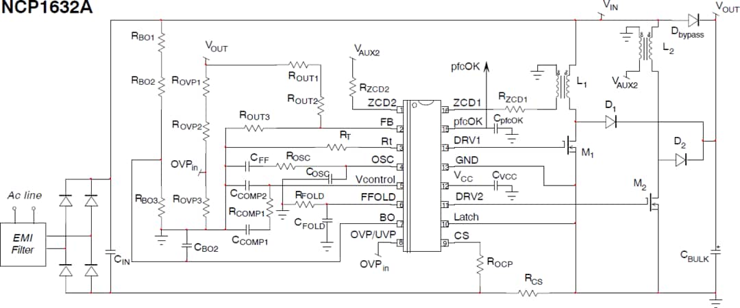 Applikations-Schaltungsdiagramm - onsemi NCP1632A CrM-Leistungsfaktor-Controller, verschachtelt