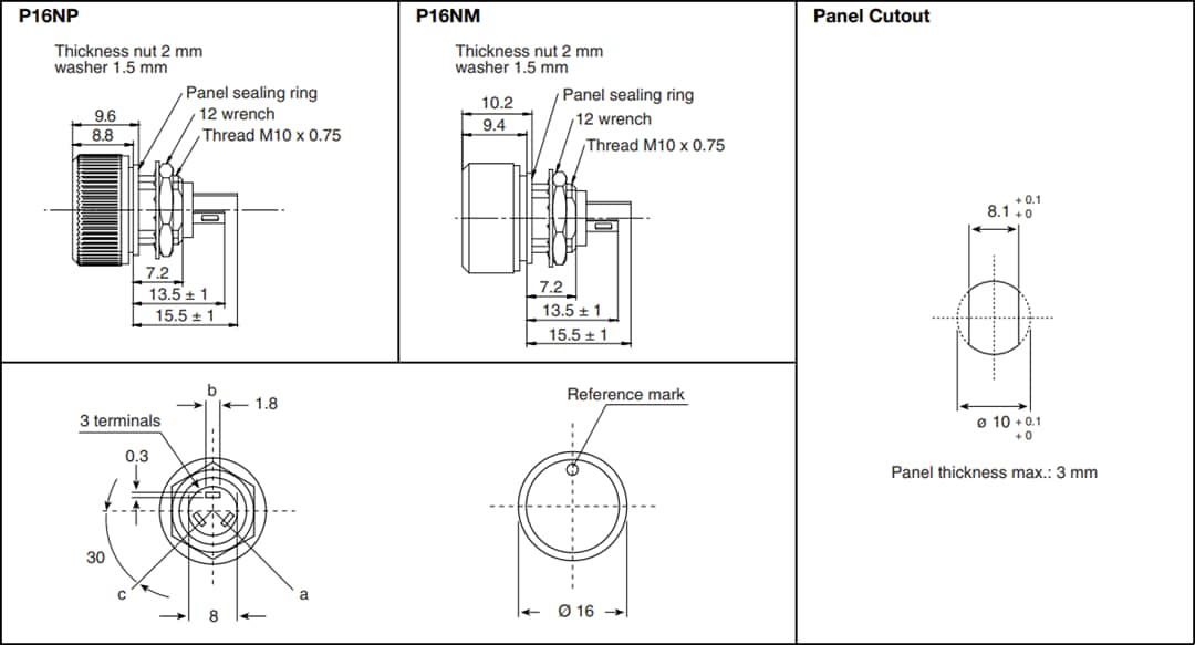 Technische Zeichnung - Vishay / Sfernice P16 & PA16 Kompaktknopf Potentiometer