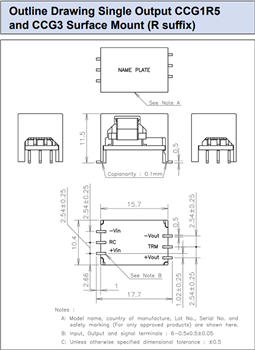 Technische Zeichnung - TDK-Lambda CCG 1,3 W bis 10 W Isolierte DC/DC-Wandler