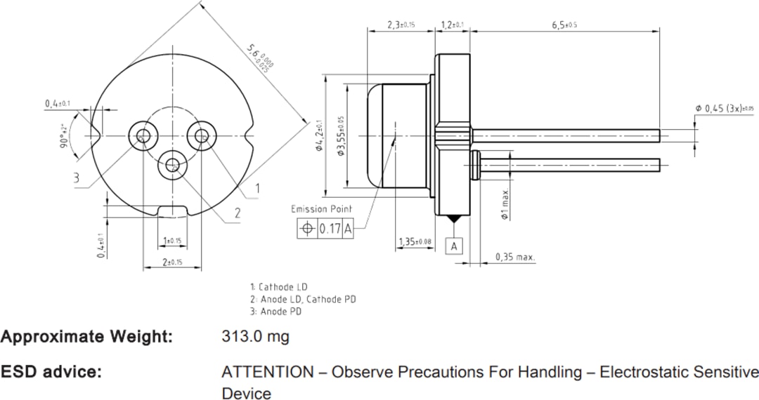 Technische Zeichnung - ams OSRAM Metal Can® TO56 PLT5 522FA_P Grüne Laserdiode