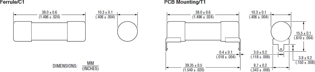 Technische Zeichnung - Bourns PF-E POWrFuse™ Photovoltaik (gPV)-Leistungssicherungen