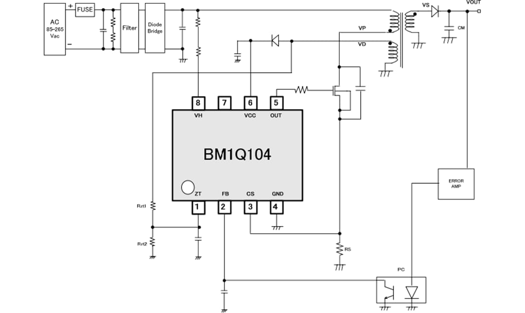 Applikations-Schaltungsdiagramm - ROHM Semiconductor BM1Q104FJ Quasi-resonanter Steuerungs-DC/DC-Wandler
