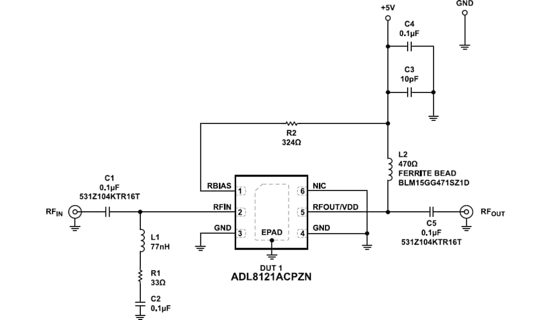 Applikations-Schaltungsdiagramm - Analog Devices Inc. ADL8121 GaAs pHEMT MMIC-Verstärker mit geringem Rauschen